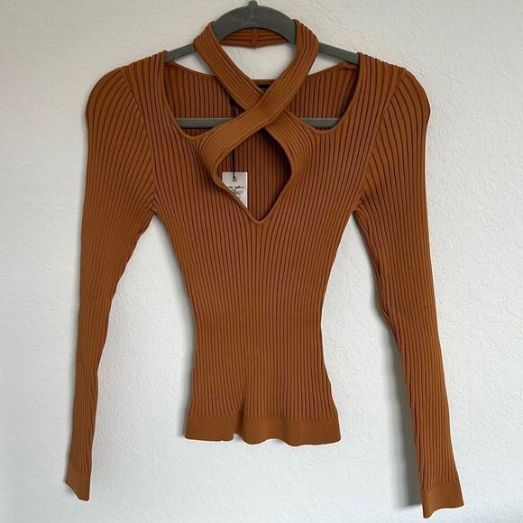 Minkpink Gianna Crisscross Ribbed Knit Top Pecan Small NWT - Picture 1 of 5